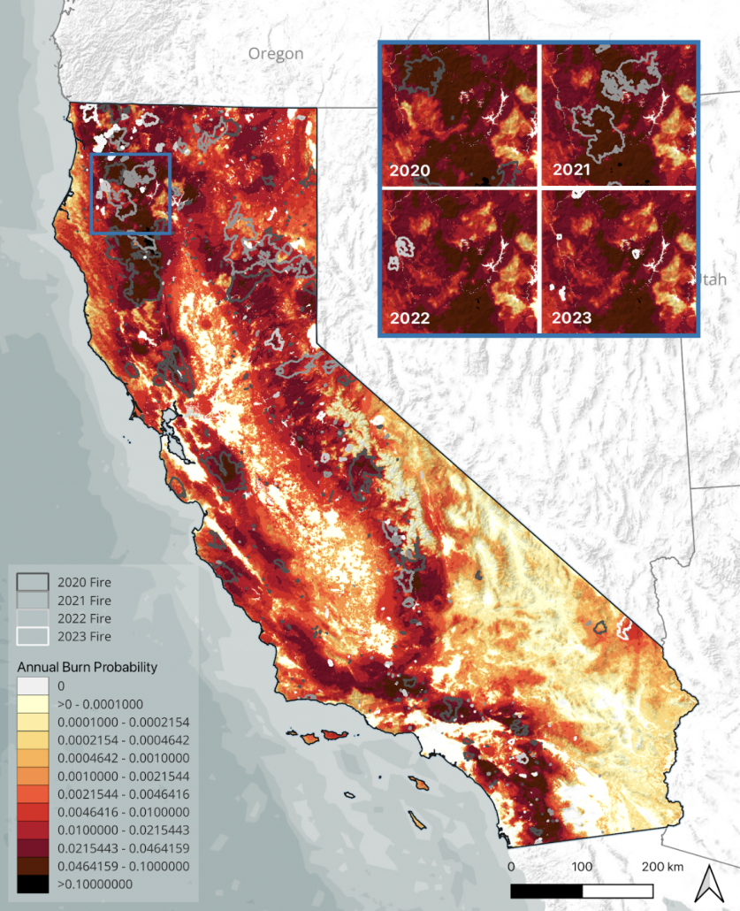 Burn probability values and observed fire perimeters